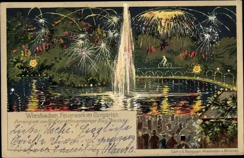 Litho Wiesbaden in Hessen, Kurgarten, Hofkunstfeuerwerk von August Becker