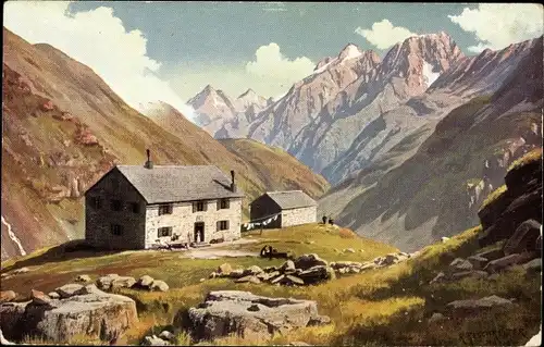Künstler Ak Reschreiter, R., St. Leonhard im Pitztal in Tirol, Das Taschachhaus mit Alpen