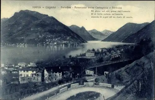 Ak Lugano Kanton Tessin Schweiz, Panorama verso Castagnola e Porlezza