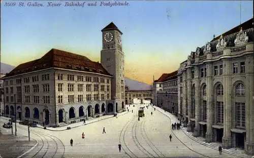 Ak Sankt Gallen Stadt Schweiz, Neuer Bahnhof, Postgebäude