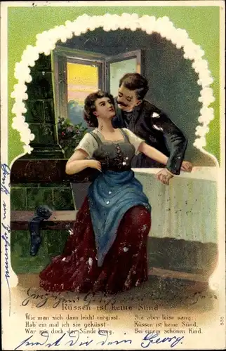 Präge Litho Liebespaar, Küssen ist keine Sünd