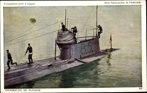 Künstler Ak Britisches U Boot, B 5, Préparatifs de Plongée, Seeleute an Deck