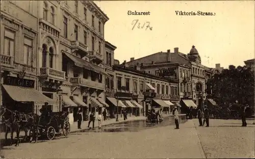 Ak București Bukarest Rumänien, Viktoria Straße, Kutsche, Handlung Riegler, Calea Victoriei