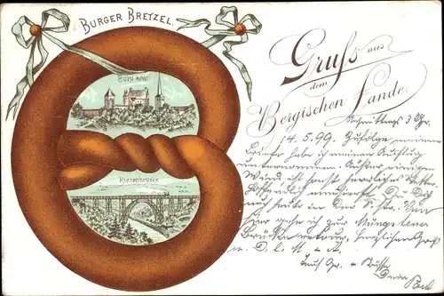 Brezel Litho Burg an der Wupper Solingen, Riesenbrücke, Blick auf den Ort