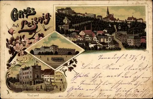 Litho Leisnig an der Freiberger Mulde Sachsen, Kaserne, Postamt, Panoramablick auf die Stadt