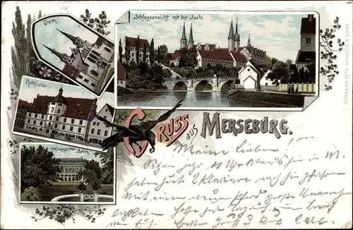Litho Merseburg an der Saale, Schlossansicht, Dom, Rathaus