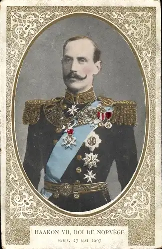 Passepartout Ak Haakon VII, Roi de Norvege, König von Norwegenm, Uniform, Orden, Portrait