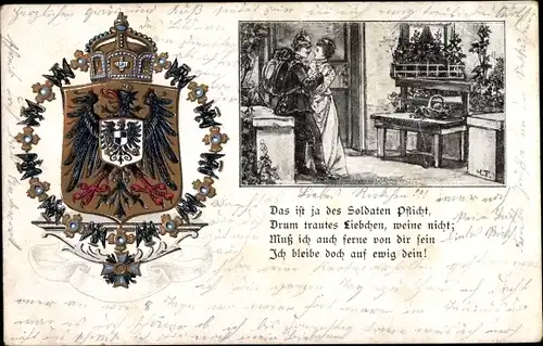 Künstler Wappen Litho Das ist des Soldaten Pflicht, Drum trautes Liebchen weine nicht