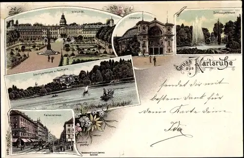 Litho Karlsruhe in Baden, Schloss, Festhalle, Stadtgartensee, Festhalle, Kaiserstraße