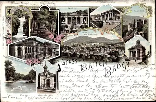 Litho Baden Baden am Schwarzwald, Griechische Kapelle, Trinkhalle, Schloss, Geroldsauer Wasserfall