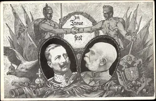 Wappen Ak Kaiser Wilhelm II., Kaiser Franz Joseph I., Portrait, Preußischer Adler, Händedruck