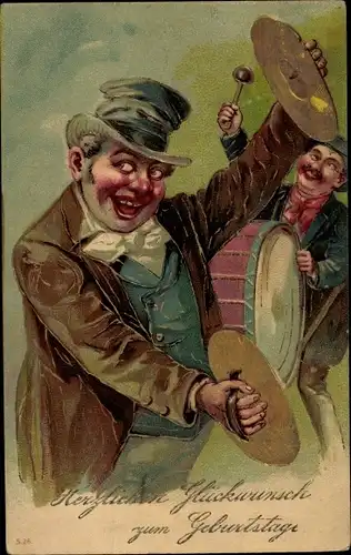 Präge Litho Glückwunsch Geburtstag, Musizierende Männer, Pauke