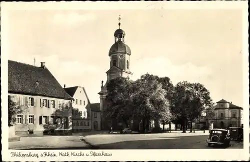 Ak Philippsburg in Baden Württemberg, Kath. Kirche u. Rathaus