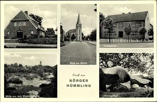 Ak Börger im Hümmling Emsland, Herberge, Kirche, Volksschule, Hünengräber, Wacholder