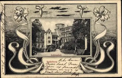 Jugendstil Passepartout Ak Heidelberg am Neckar, Schloss, Schlosshof