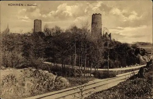 Ak Kohren Sahlis in Sachsen, Blick auf die Burgruine, Türme, Bahnstrecke