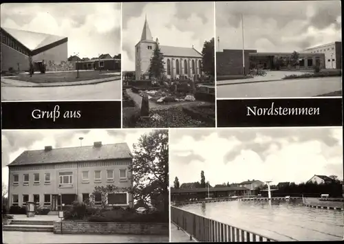 Ak Nordstemmen in Niedersachsen, Kirche, Schule, Freibad