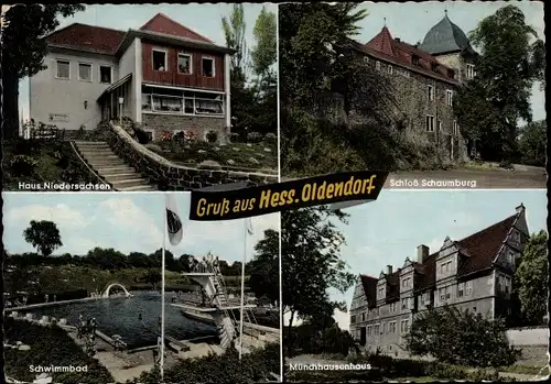 Ak Hessisch Oldendorf an der Weser, Schwimmbad, Schloss Schaumburg, Haus Niedersachsen