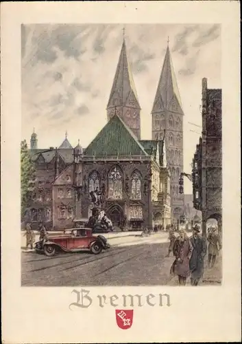 Künstler Ak Roitscho, Hansestadt Bremen, Stadtbild, Auto, Kirche