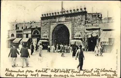 Ak Tunis Tunesien, Porte de France, Tor, Geschäfte, Straßenpartie
