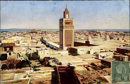 Ak Tunesien, Blick auf eine Stadt, Turm