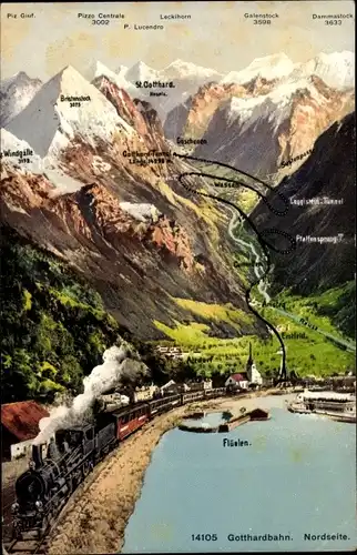 Ak Kanton Tessin, Ferrovia del Gottardo, Galleria spirale del Prato, Gotthardbahn, Galenstock