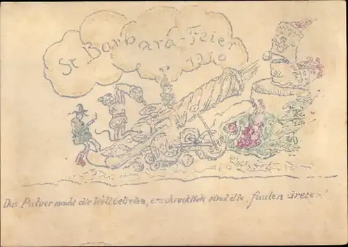 Künstler Ak St. Barbarafeier 1910, Bergbau, Kanone wird abgeschossen