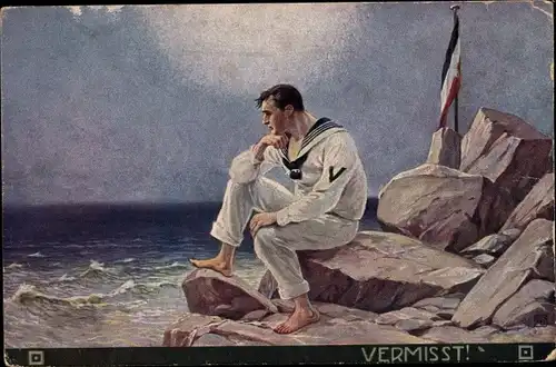 Künstler Ak Vermisst, Schiffbrüchiger deutscher Seemann auf einem Felsen am Meer