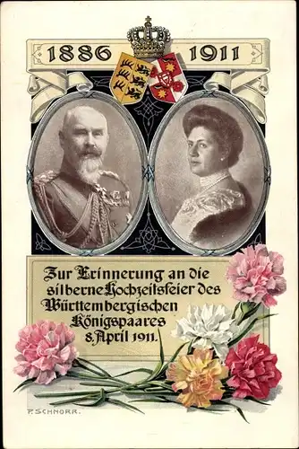 Künstler Ak Schnorr, Wilhelm II. von Württemberg, Marie zu Waldeck und Pyrmont, Silberhochzeit 1911