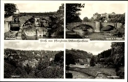 Ak Dillweißenstein Pforzheim im Schwarzwald, Wasserfall, Nagold, Schwimmbad