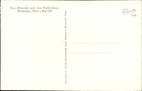 Ak Braunlage im Oberharz, Haus Klavehn, Haus Am Waldeshang