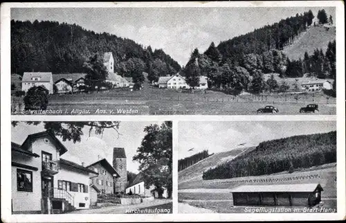 Ak Schrattenbach Dietmannsried im Oberallgäu, Segelflugstation, Blick auf den Ort, Kirchenaufgang