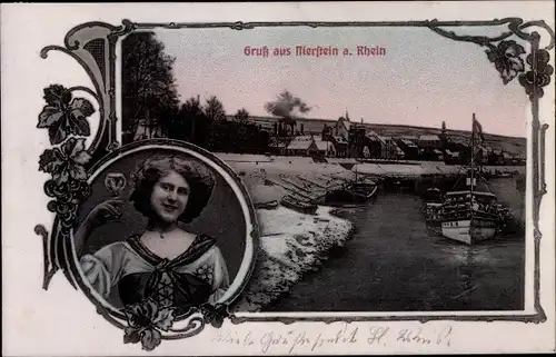 Passepartout Ak Nierstein am Rhein, Frau mit Weinglas, Salondampfer, Blick auf den Ort