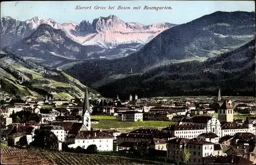 Ak Gries Quirein Bozen Bolzano Südtirol, Ortschaft mit Rosengarten