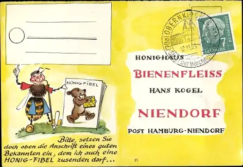 Künstler Ak Hamburg Niendorf, Reklame, Hans Kogel Honighaus Bienenfleiss, Biene, Honig Fibel
