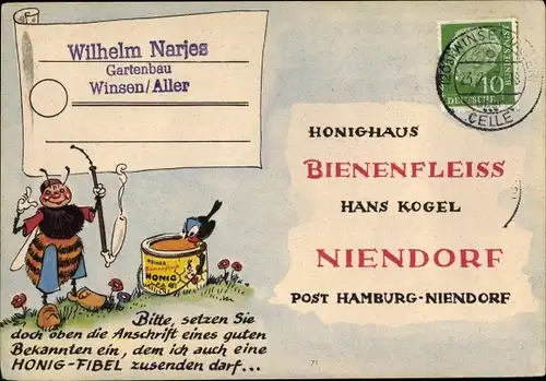 Künstler Ak Hamburg Eimsbüttel Niendorf, Honighaus Bienenfleiss, Hans Kogel, Honig, Biene, Reklame