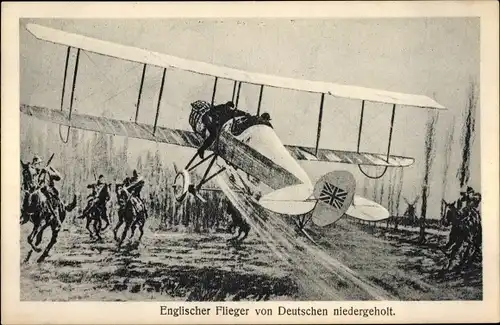 Künstler Ak Englischer Flieger von Deutschen niedergeholt, I. WK