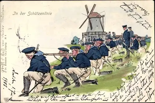 Litho In der Schützenlinie, Seeleute in Uniformen, Kaiserliche Marine, Windmühle