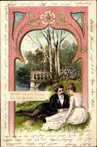 Litho Du bist wie eine Blume so hold so schön und rein, Liebespaar auf einer Wiese