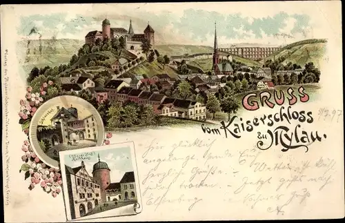 Litho Mylau Reichenbach im Vogtland, Kaiserschloss, Oberer Hof, Rathaus