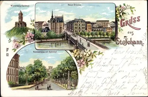 Litho St Johann Saarbrücken im Saarland, Neue Brücke, Winterberg Denkmal, Reichsstraße