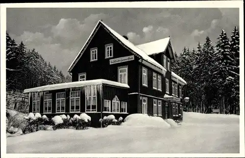 Ak Braunlage im Oberharz, Gaststätte Jermerstein, Harzburgerstraße, Winteransicht
