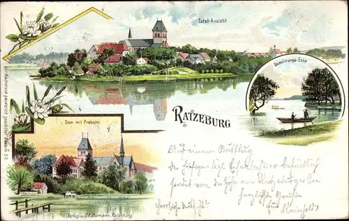 Litho Ratzeburg Schleswig Holstein, Demolierungsecke, Dom mit Probstei, Totale