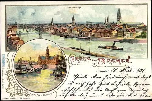 Litho Hansestadt Bremen, Totalansicht, Freihafen, Hafenhaus
