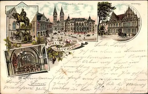 Litho Hansestadt Bremen, Gewerbehaus, Ratskeller, Rathaus, Dom, Börse, Kaiser Wilhelm I. Denkmal