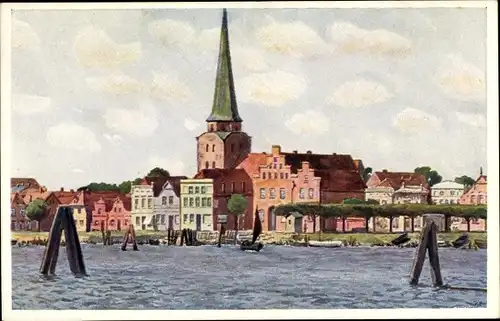 Künstler Ak Ostseebad Travemünde Lübeck, Blick auf Stadt und Kirche