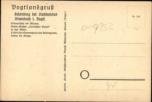 Ak Schönberg Bad Brambach im Vogtland, Ort im Winter, Hotel Deutsches Haus, Rittergut, Kirche