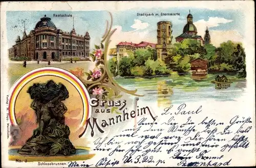 Litho Mannheim in Baden, Schlossbrunnen, Stadtpark, Sternwarte, Realschule
