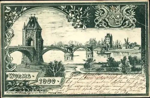 Litho Worms am Rhein, Ernst Ludwig Brücke 1900
