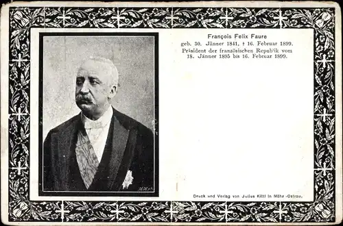 Passepartout Ak Francois Felix Faure, Präsident der französischen Republik, Trauerkarte, Portrait
